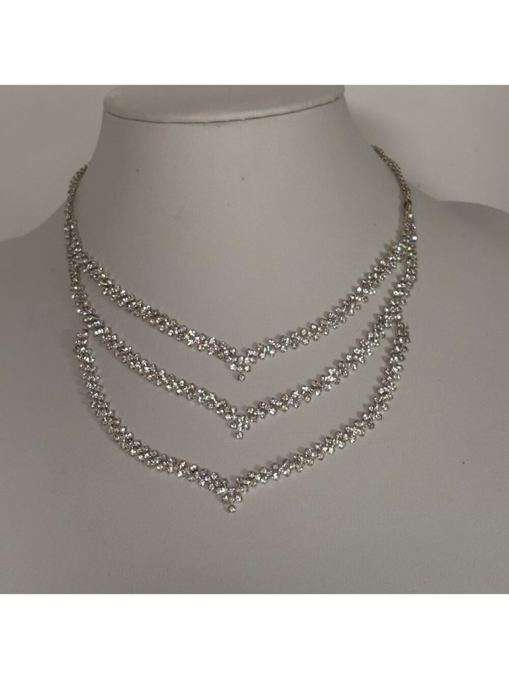 Rhinestone Layered Necklace Silver Tone Lobster Clasp Adjustable Elegant Formal
